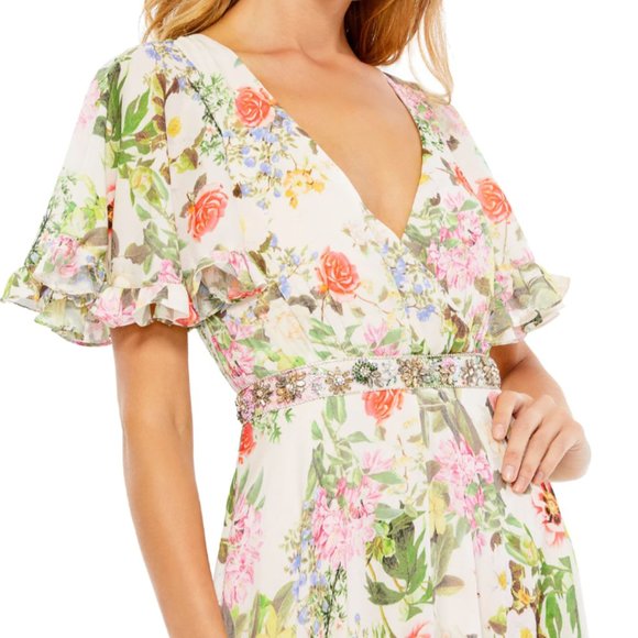 MAC DUGGAL 9079 FLORAL PRINT FAUX WRAP FLUTTER SLEEVE A-LINE GOWN sz 12 - Picture 2 of 3